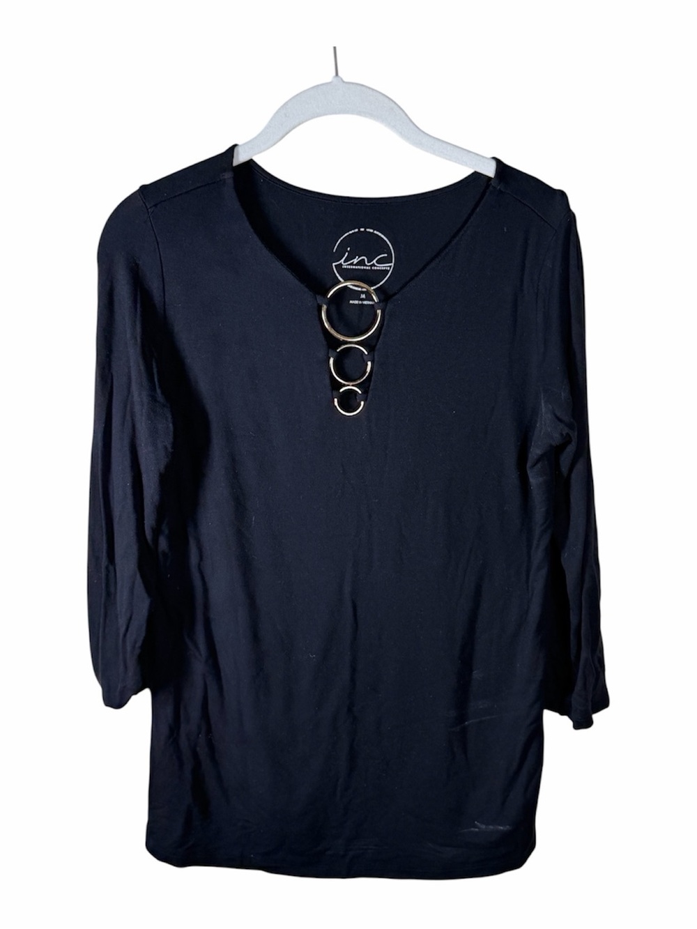 INC International Concepts Black Long Sleeve Top with Gold Ring Detail
